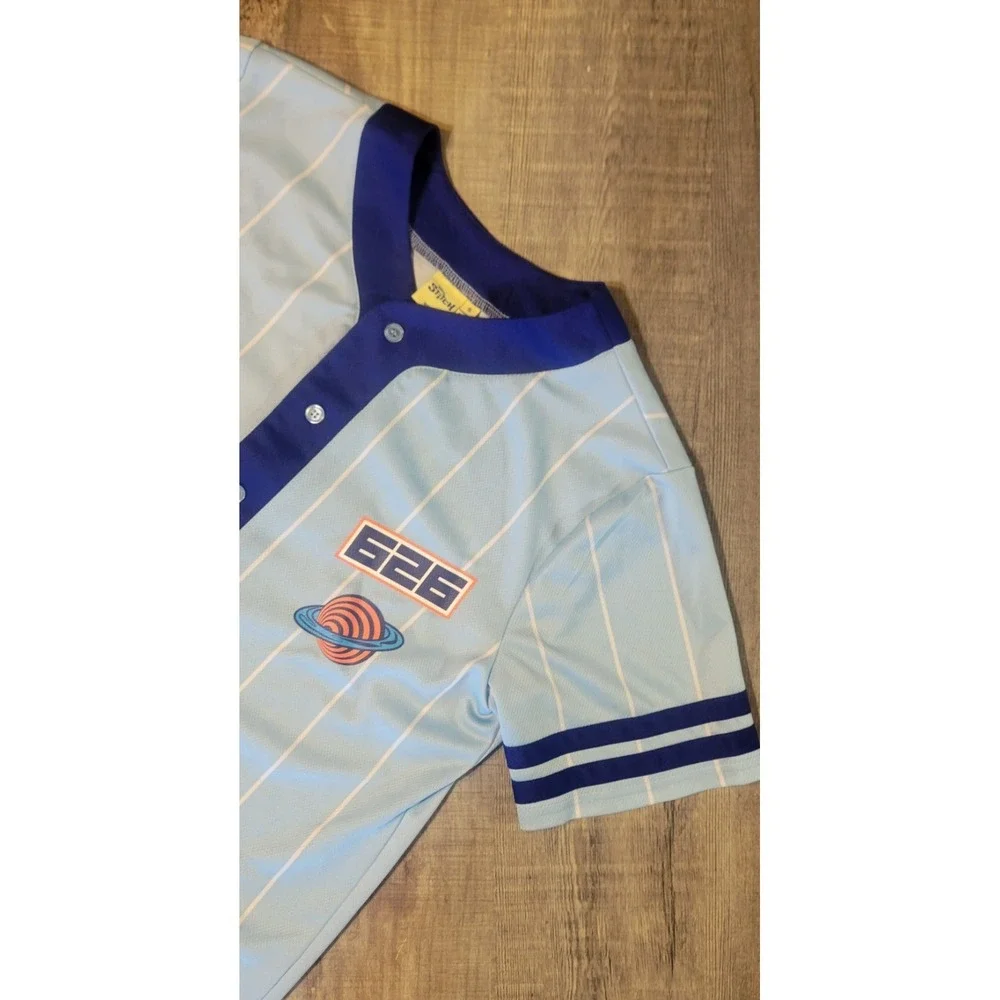 Disney Stitch‎ #626 Adult Small Baseball Jersey Blue Pinstripe Button Up